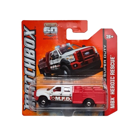 Masinuta metalica Matchbox, Ford F-550 Super Duty, colectia MBX Heroic Rescue 2013, editie aniversara 60 de ani, 1:64, rosu cu alb