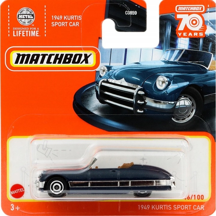 Masinuta metalica Matchbox, 1949 Kurtis Sport Car, Editie Aniversara 70 de ani, 2023, 1:64, albastru