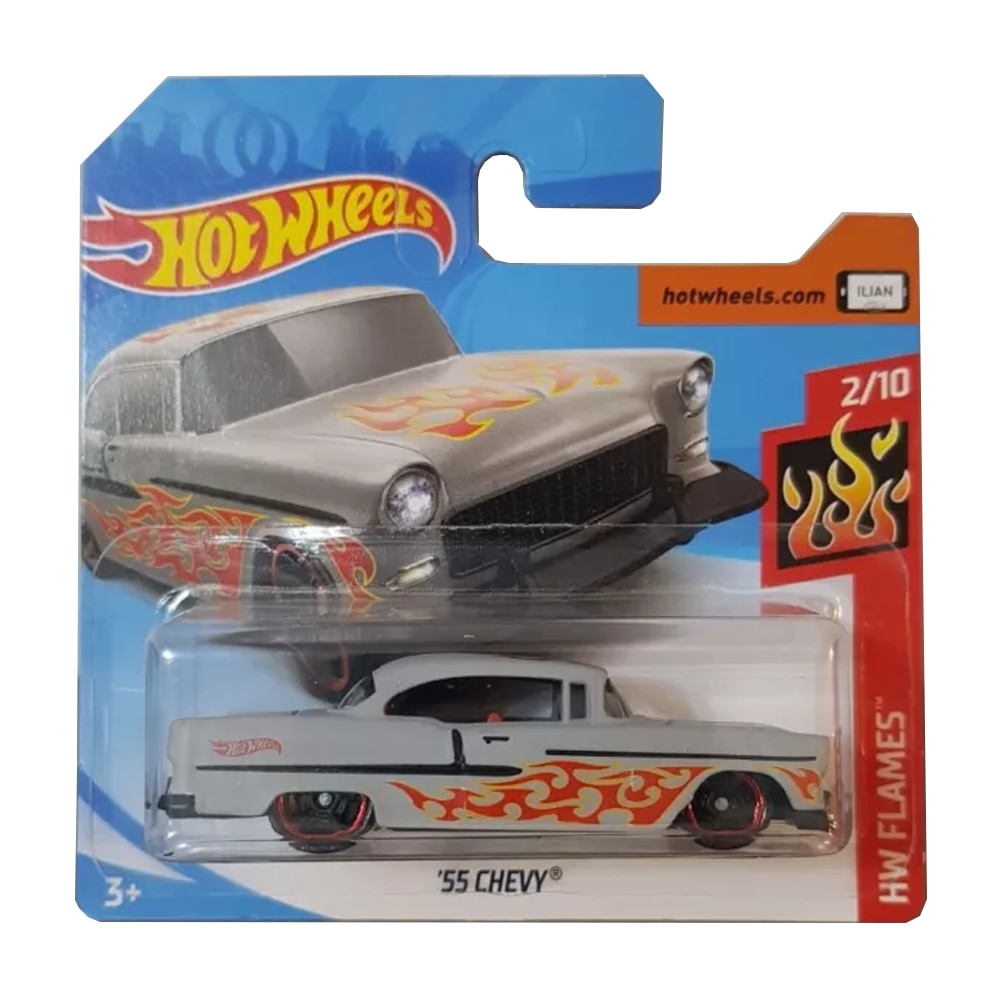 Masinuta metalica Hot Wheels 55 Chevy, Colectia HW Flames - Editia 2018, Gri, 1:64