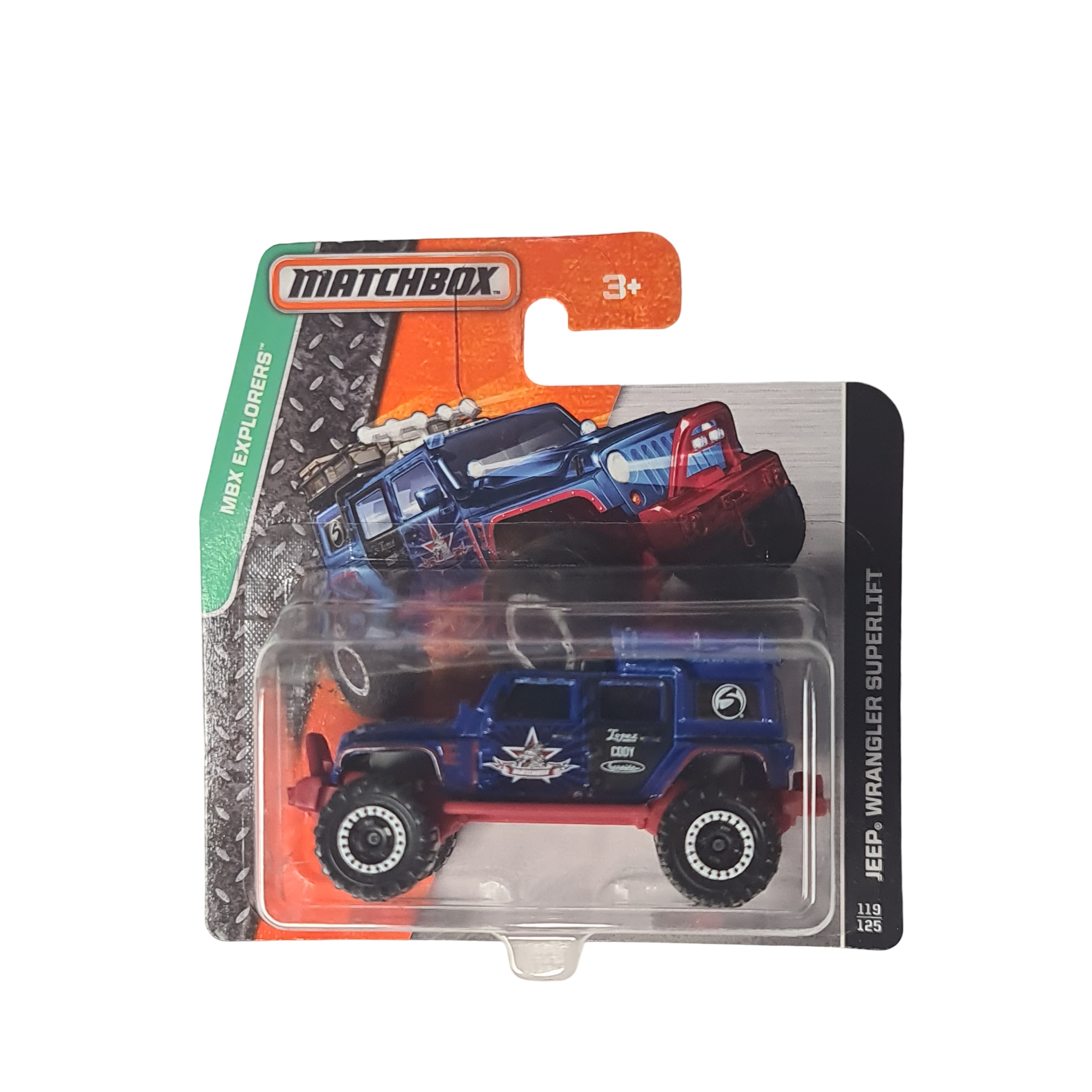 Masinuta metalica Matchbox, Jeep Wrangler Superlift, Colectia MBX Explorers, Editie 2015, 1:64, albastru