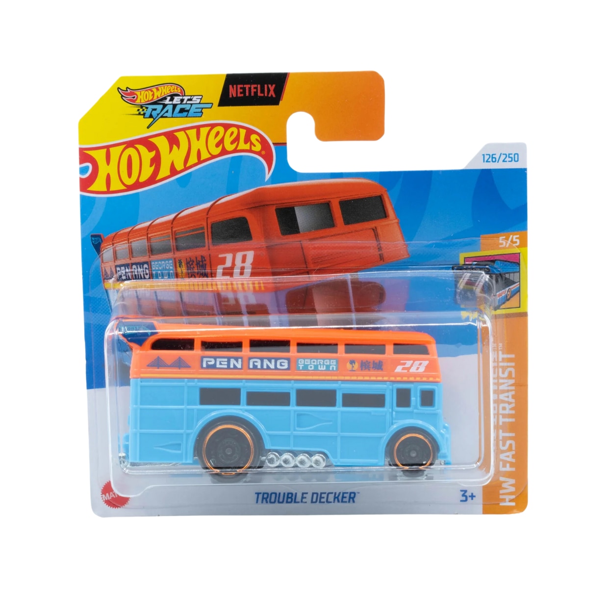 Masinuta Metalica Hot Wheels, Trouble Decker, Colectia HW Fast Transit - Editia 2024, Albastru cu Portocaliu, 1:64