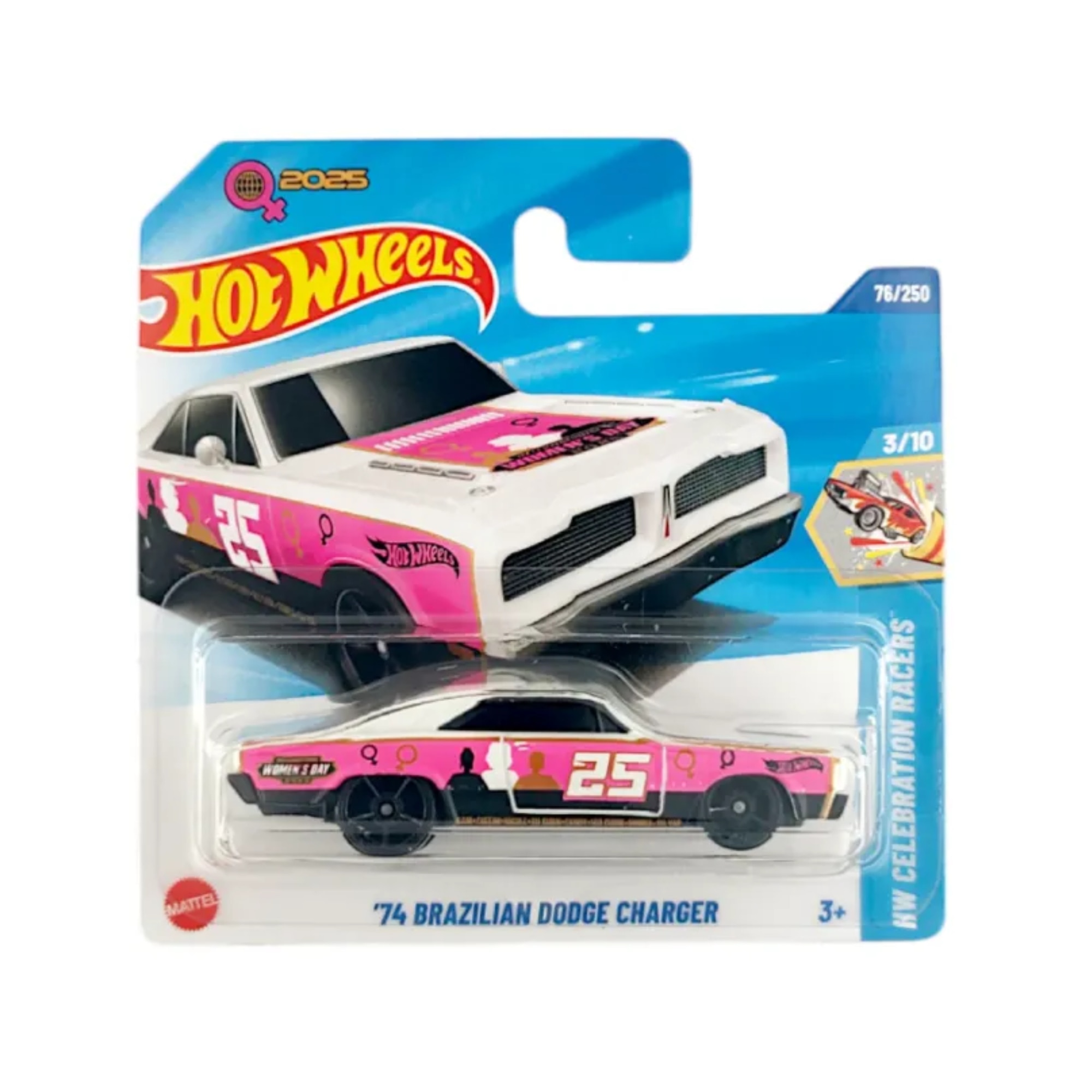 Masinuta Hot Wheels '74 Brazilian Dodge Charger, alb - roz, scara 1:64 - model 2025