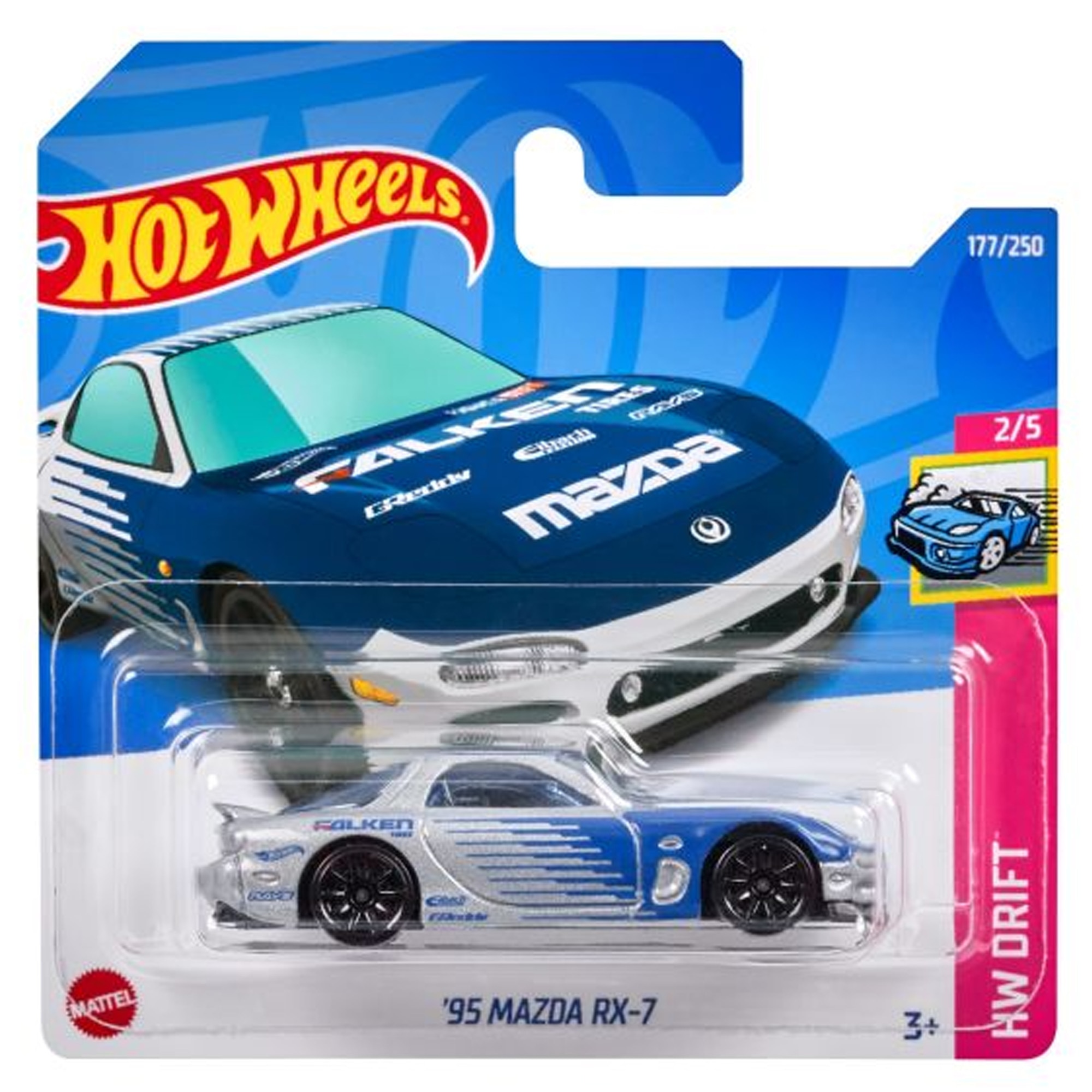 Macheta metalica Hot Wheels, Mazda RX-7 Falken, Colectia 2022, 1:64, Albastru