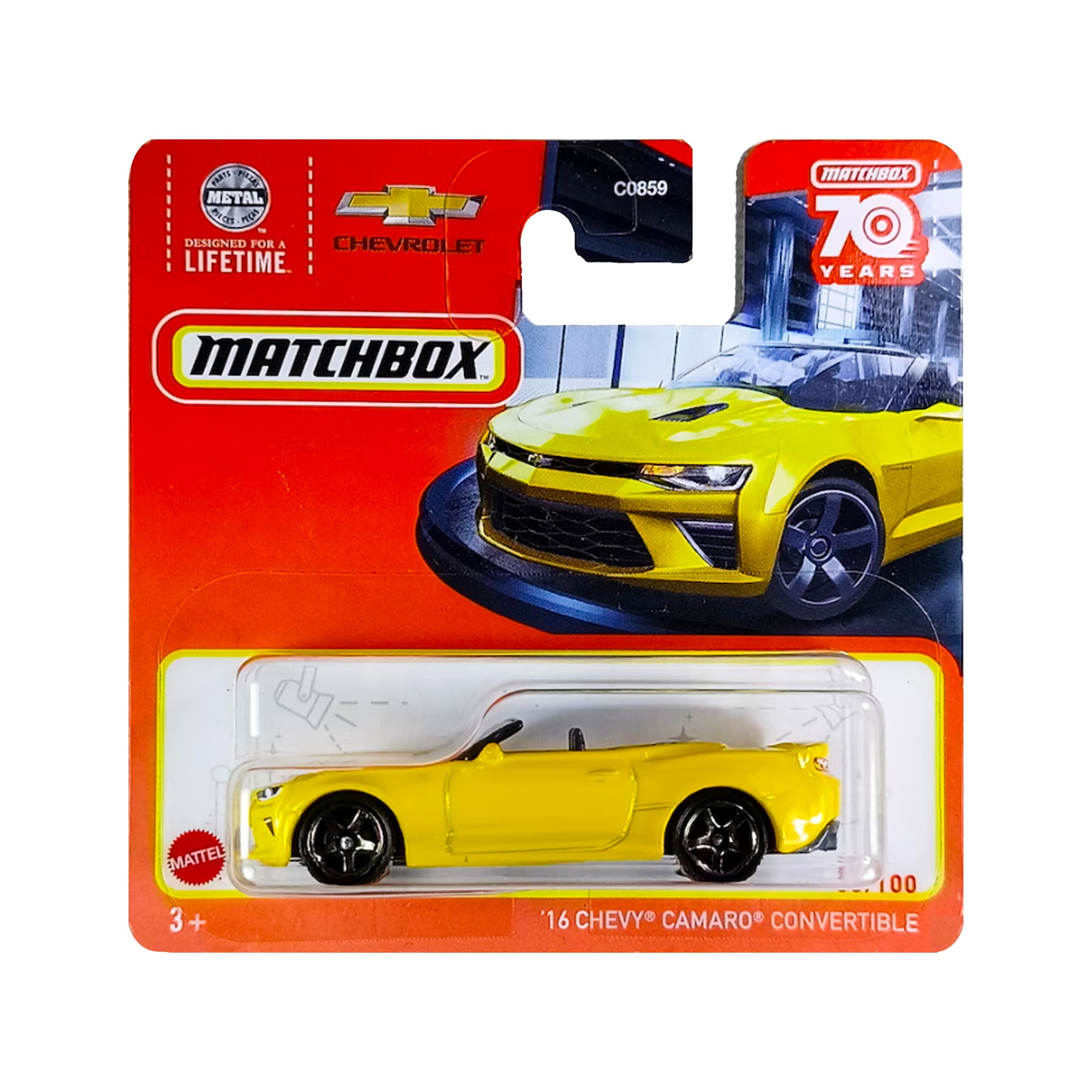 Masinuta Metalica Matchbox '16 Chevy Camaro Convertible, Galben, 1:64